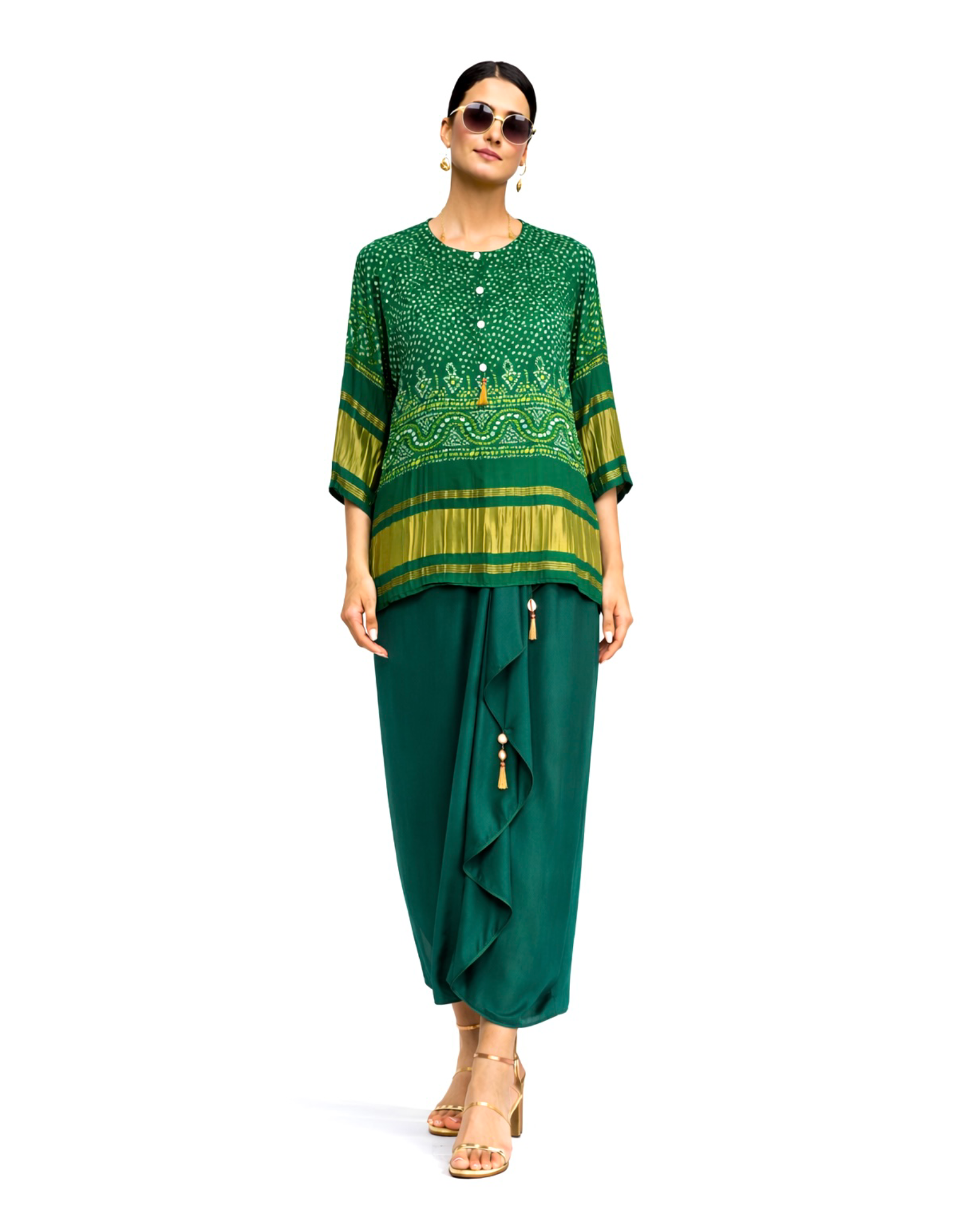 Draped Skirt Kurti Set Bandhej -  Green / Gold