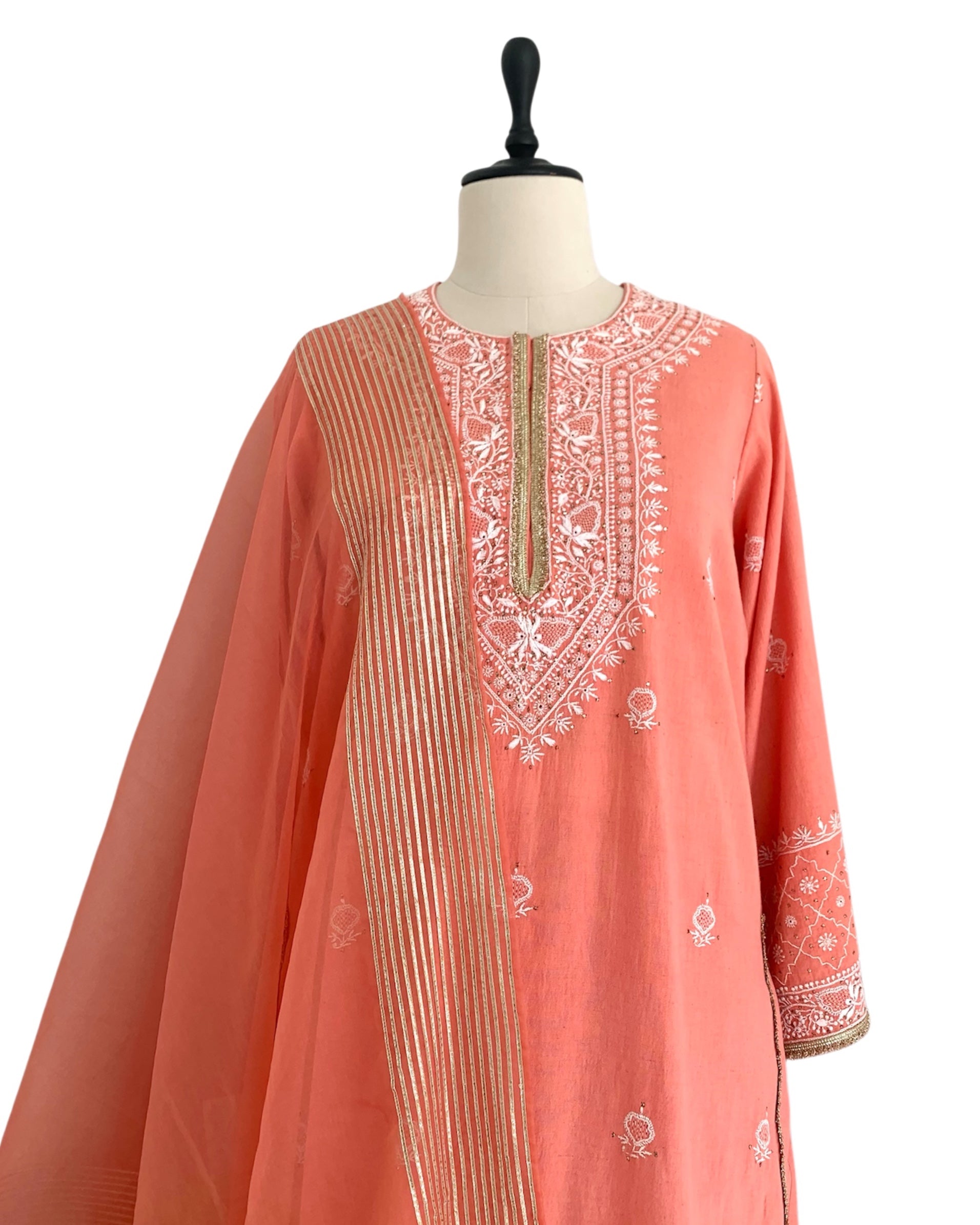 Kurta Set Chikankari - Coral Orange/ Gold / Silver