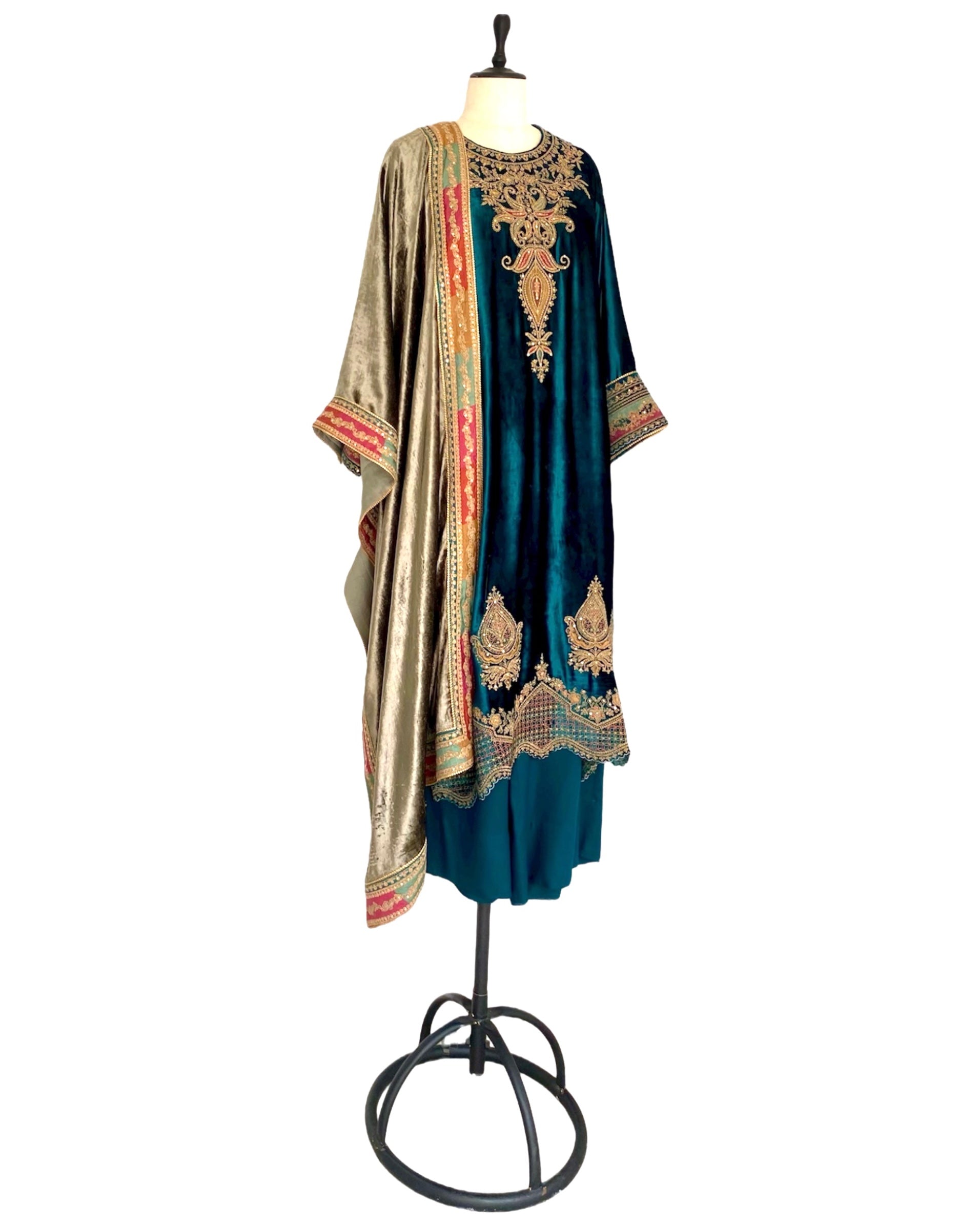 Kurta Set Velvet - Aquamarine Blue Green / Moss Olive /Gold