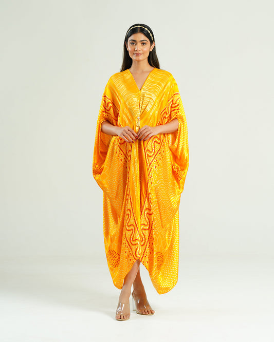 Kaftan Bandhej - Mustard / Gold