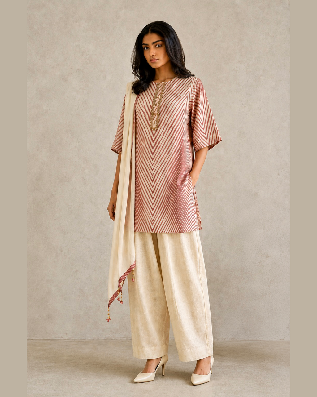 Kurta Set Arashi Shibori - Ivory/ Burgundy