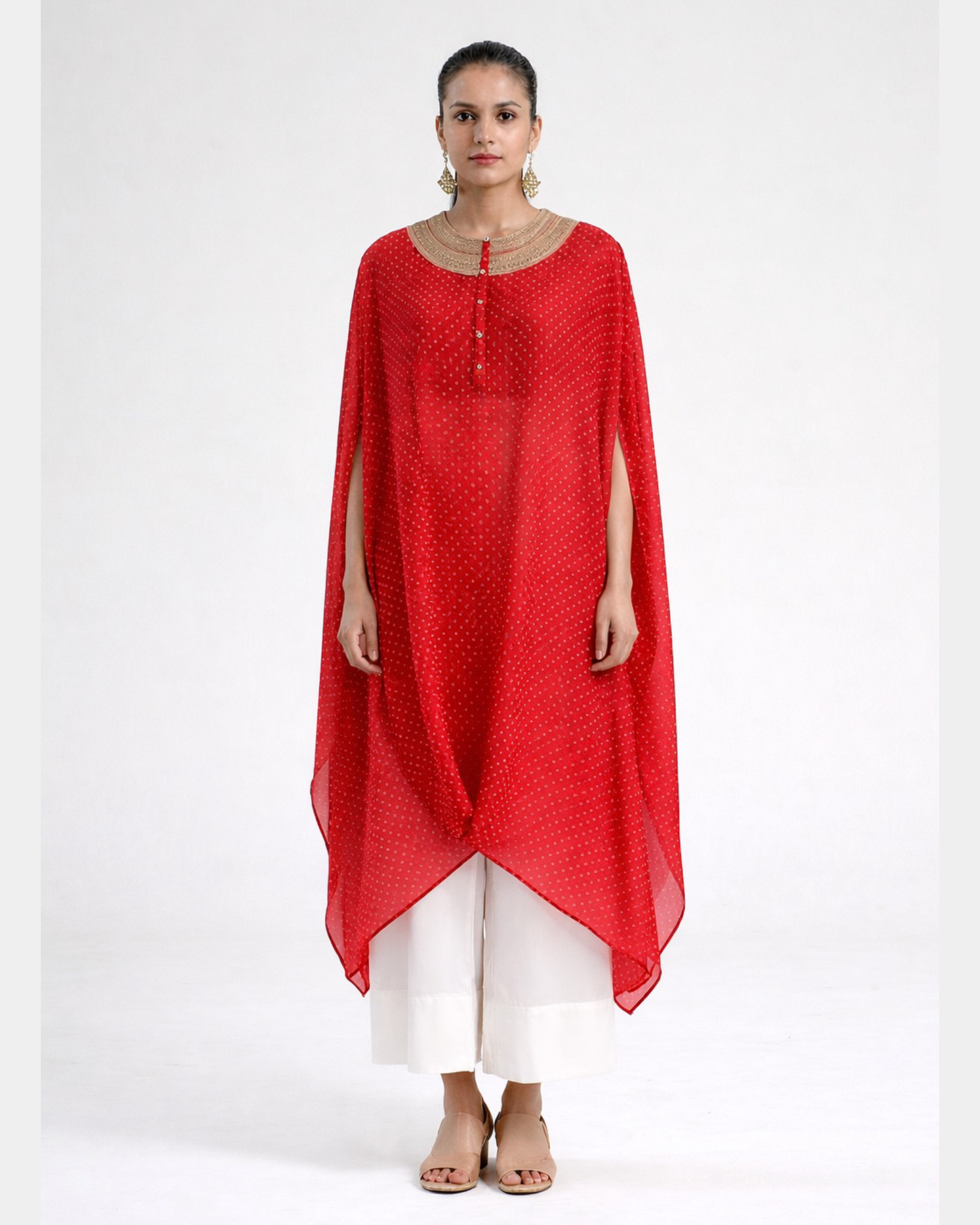 Kurta Set Bandhej - Red /Ivory / Gold