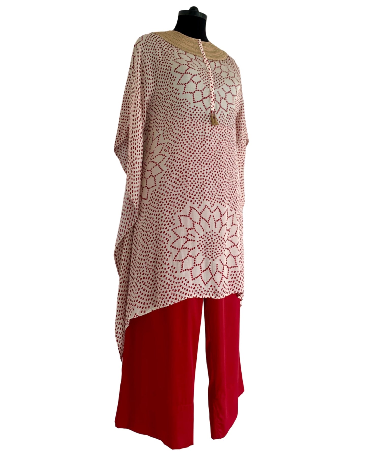 Kurta Set Bandhej - Ivory / Burgundy Red / Gold