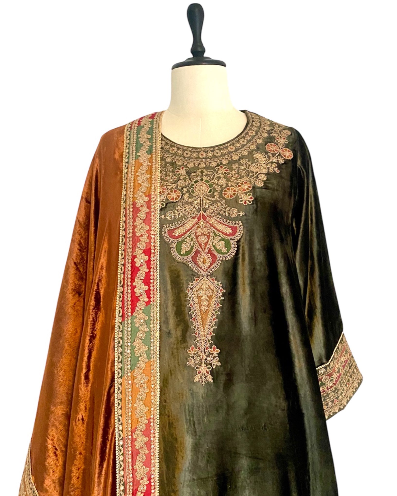 Kurta Set Velvet - Dark Olive Green / Mustard Gold