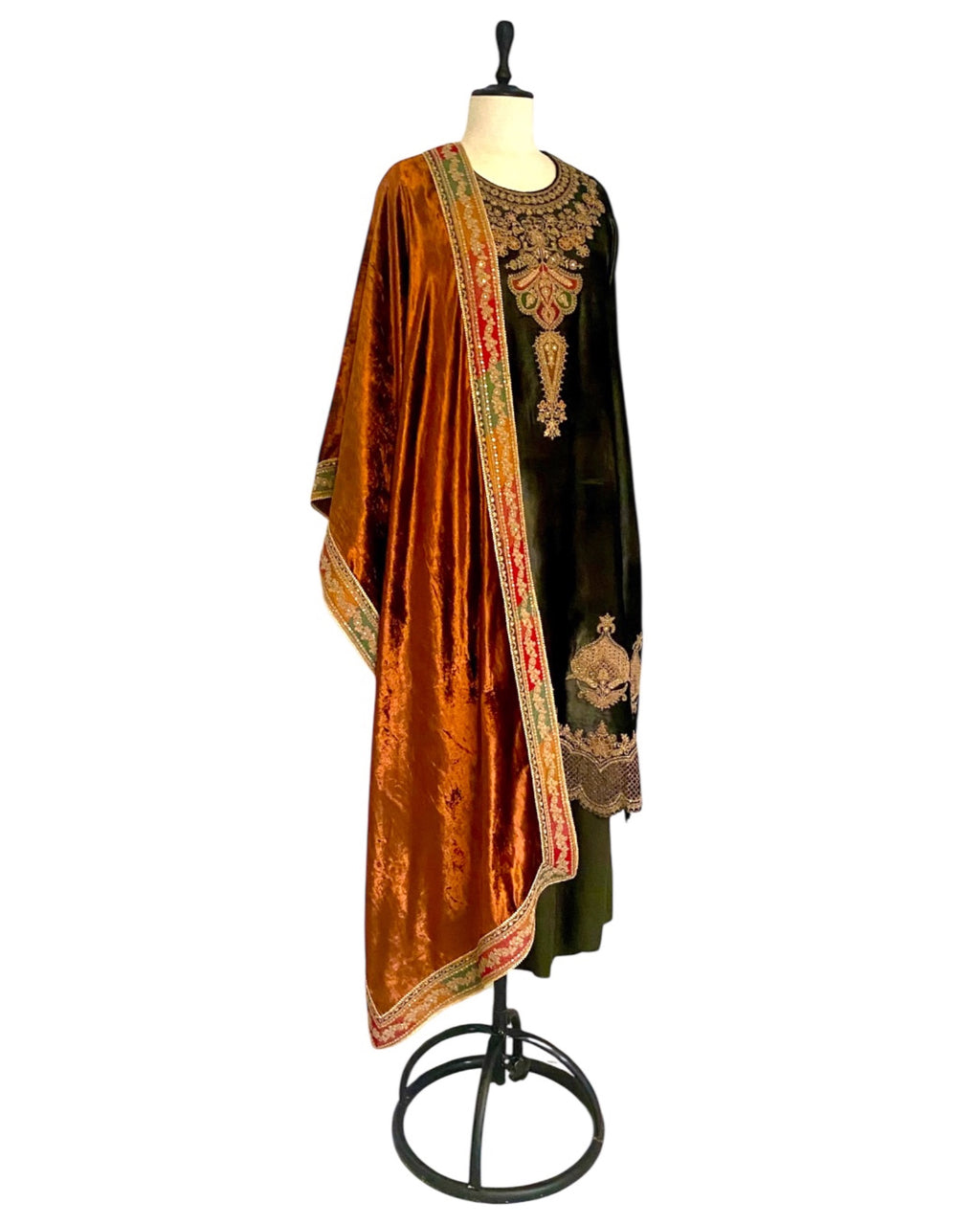 Kurta Set Velvet - Dark Olive Green / Mustard Gold