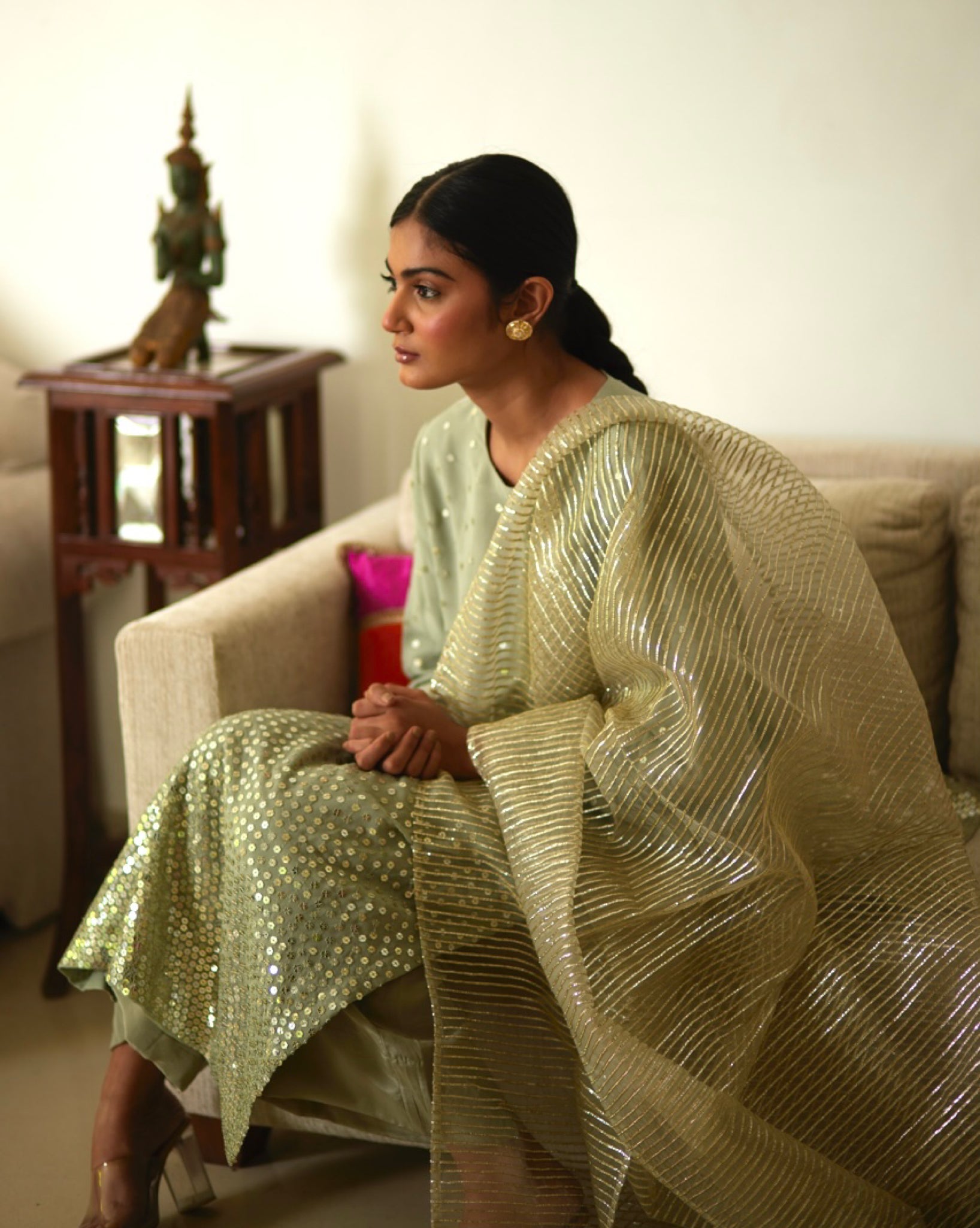 Mayura Kumar sequin stardust kurta set in mint, gold and silver, styled view