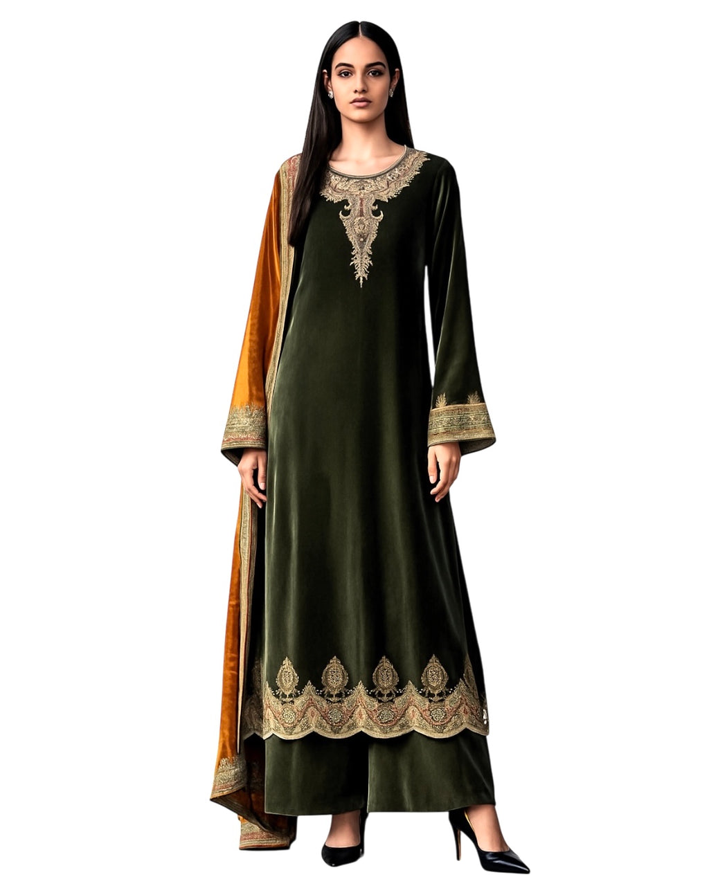 Kurta Set Velvet - Dark Olive Green / Mustard Gold