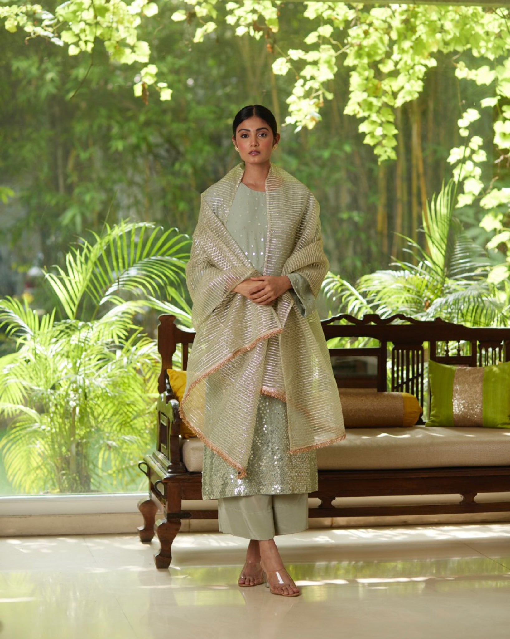 Mayura Kumar sequin stardust kurta set in mint, gold and silver, front view