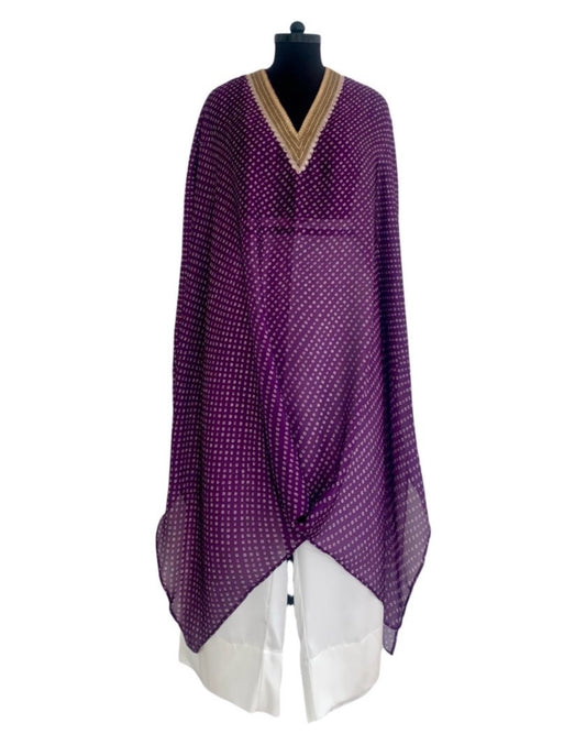 Kurta Set Bandhej - Purple / Ivory / Gold