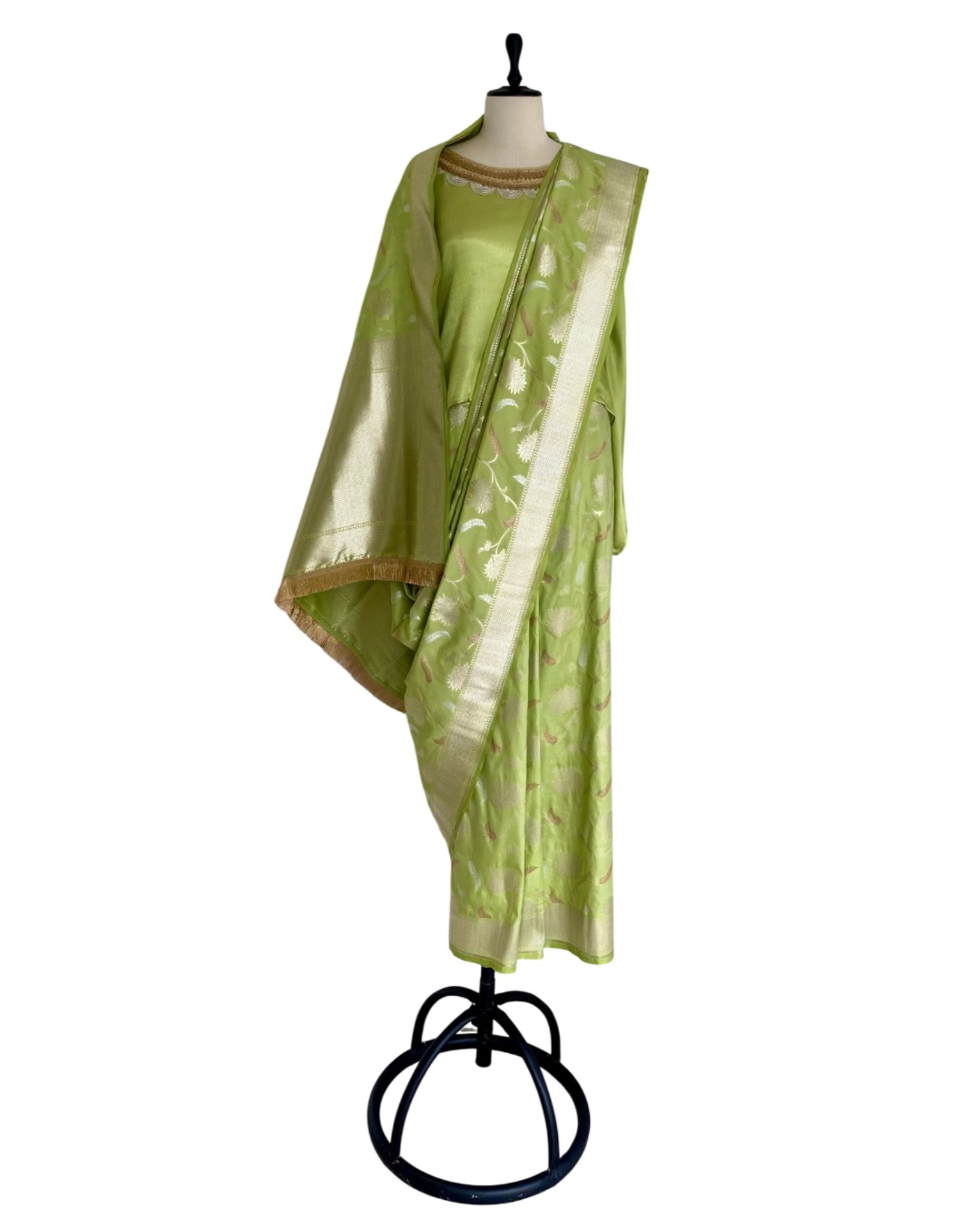 Saree Banarasi - Lime Green / Gold / Silver