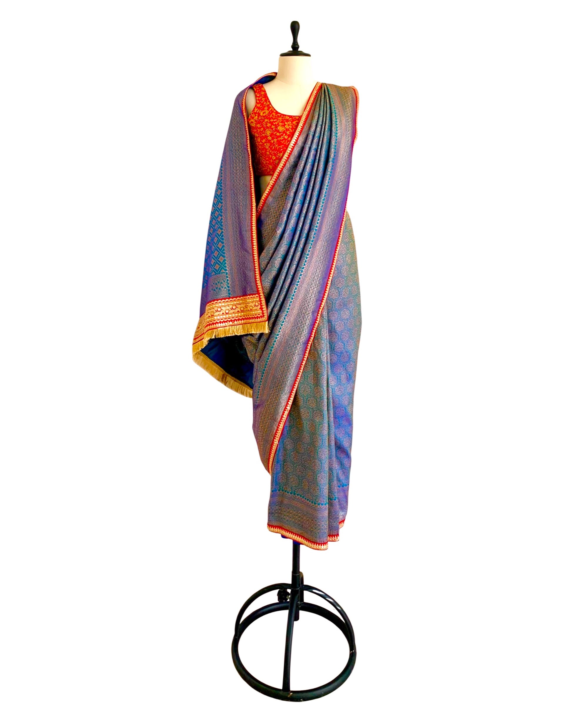 Saree Banarasi - Turquoise Blue /Red/ Gold