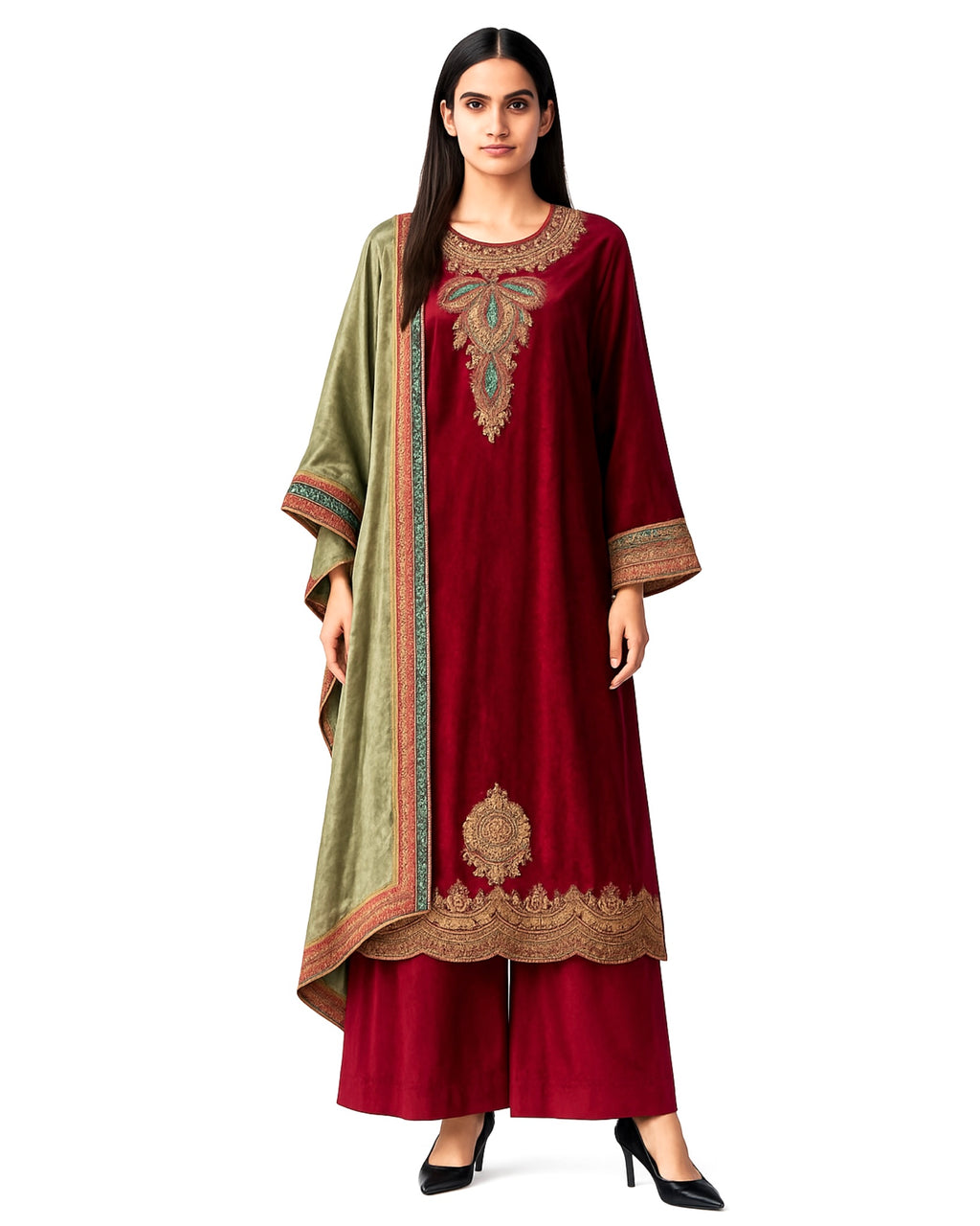 Kurta Set Velvet - Burgundy Red / Olive/ Gold