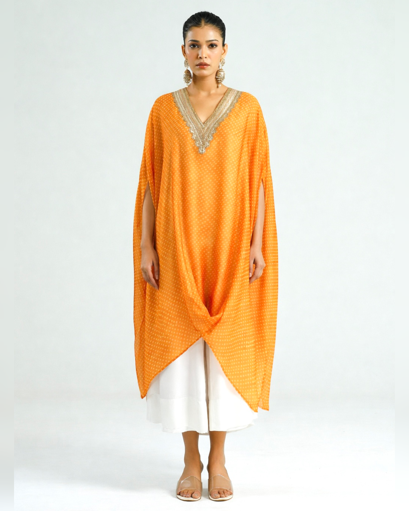 Kurta Set Bandhej - Mango Orange / Ivory / Gold