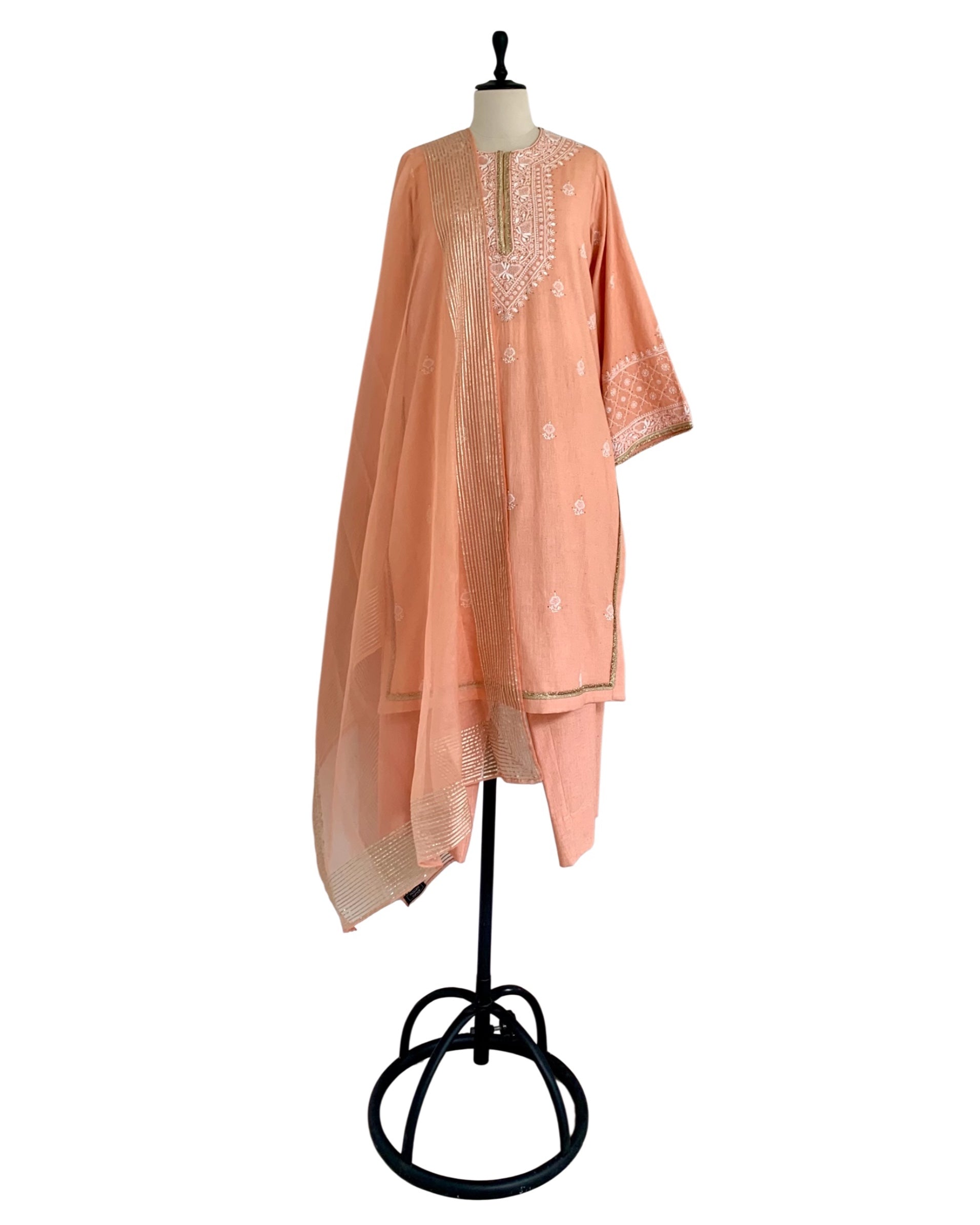 Kurta Set Chikankari - Peach Orange/ Gold / Silver