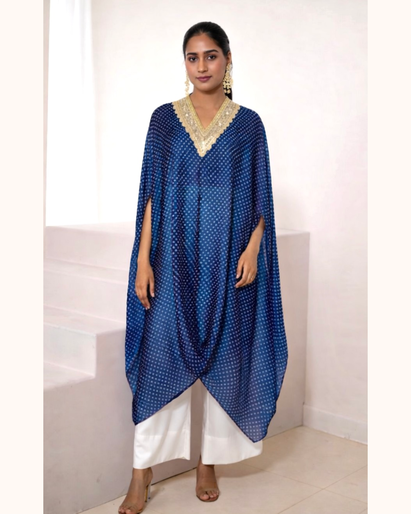 Kurta Set Bandhej - Navy Blue / Ivory / Gold