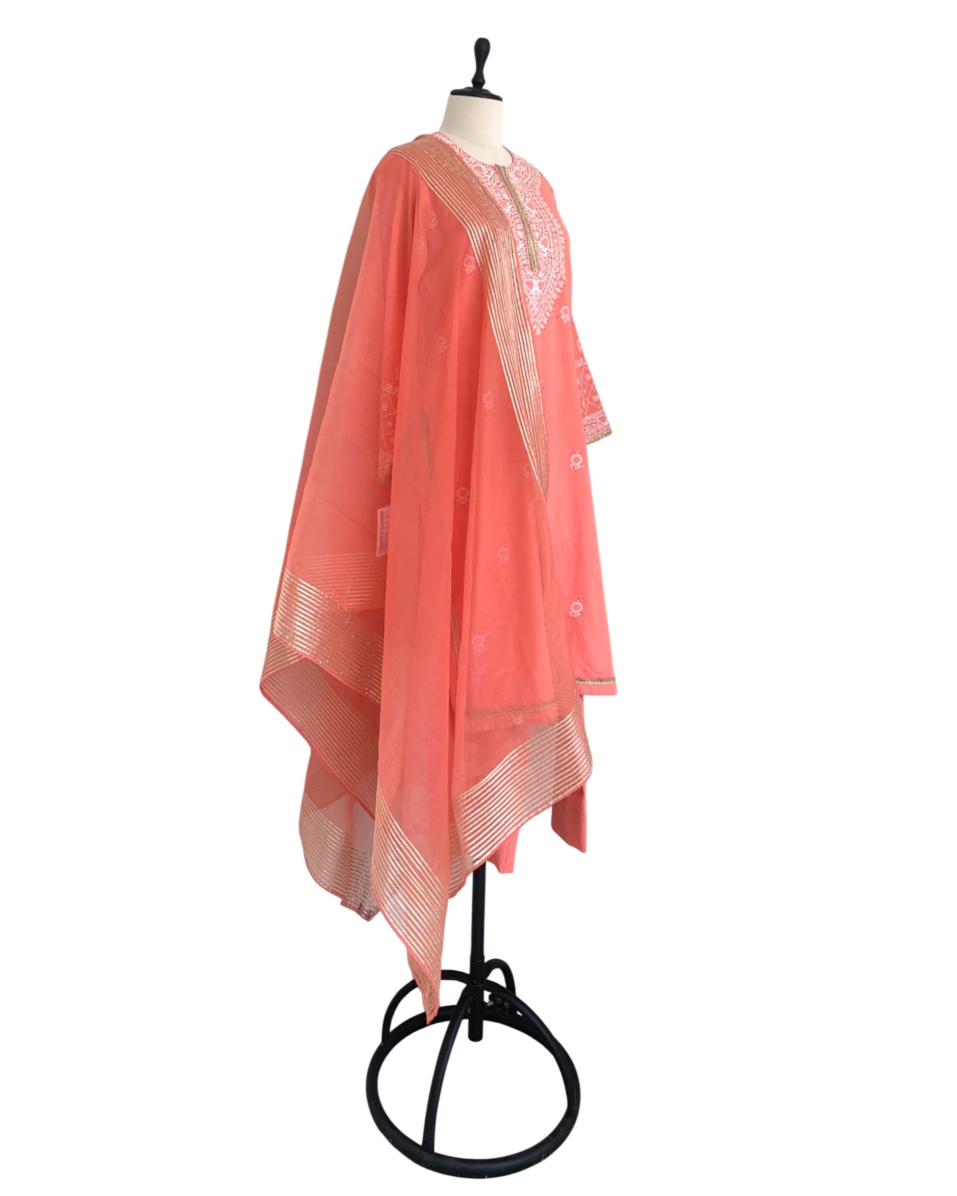 Kurta Set Chikankari - Coral Orange/ Gold / Silver