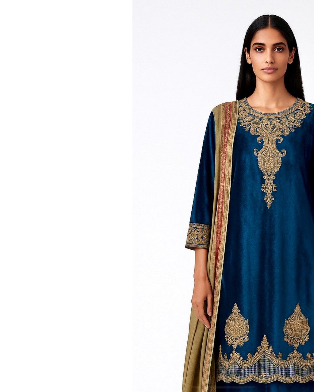 Kurta Set Velvet - Aquamarine Blue Green / Moss Olive /Gold