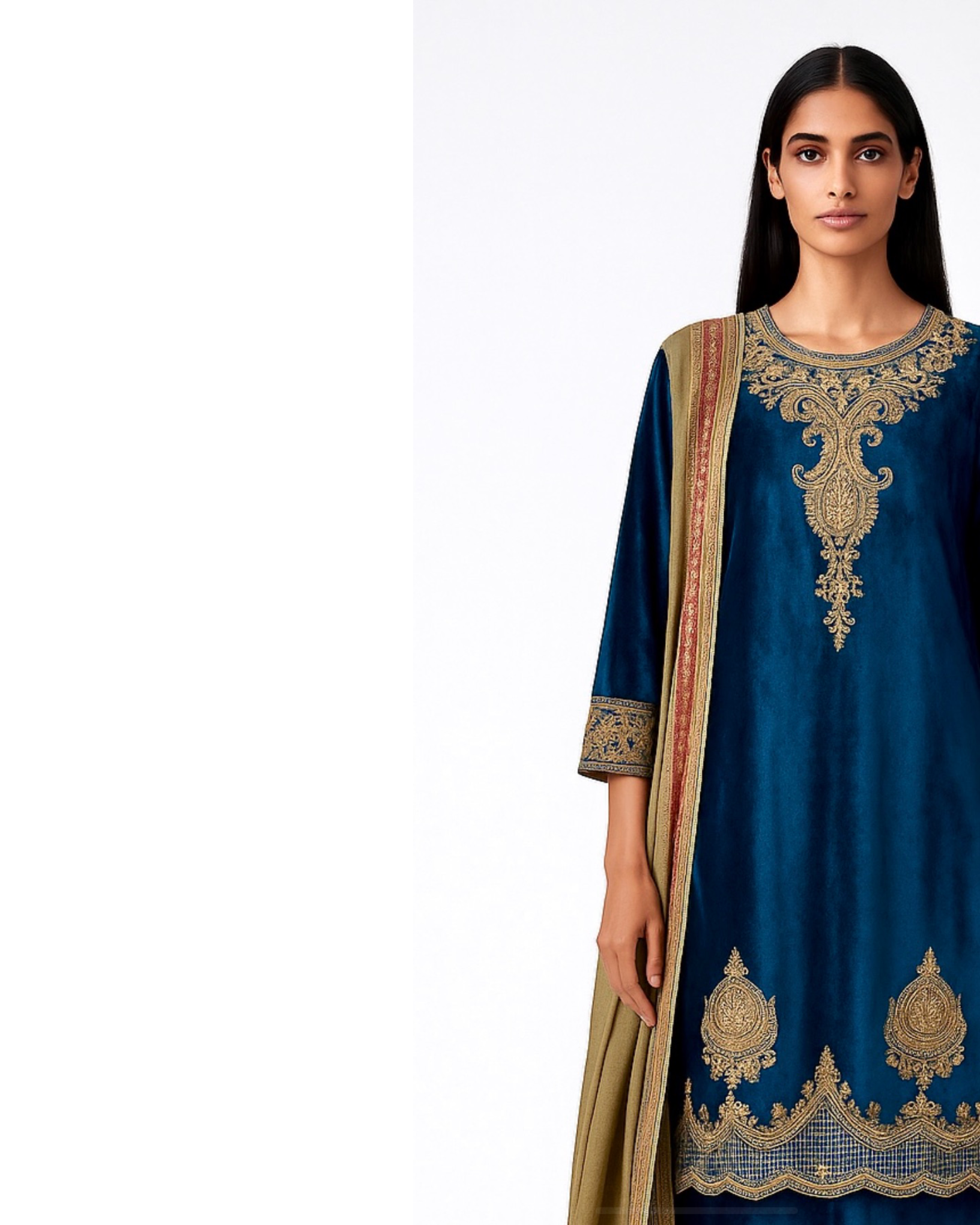 Kurta Set Velvet - Aquamarine Blue Green / Moss Olive /Gold