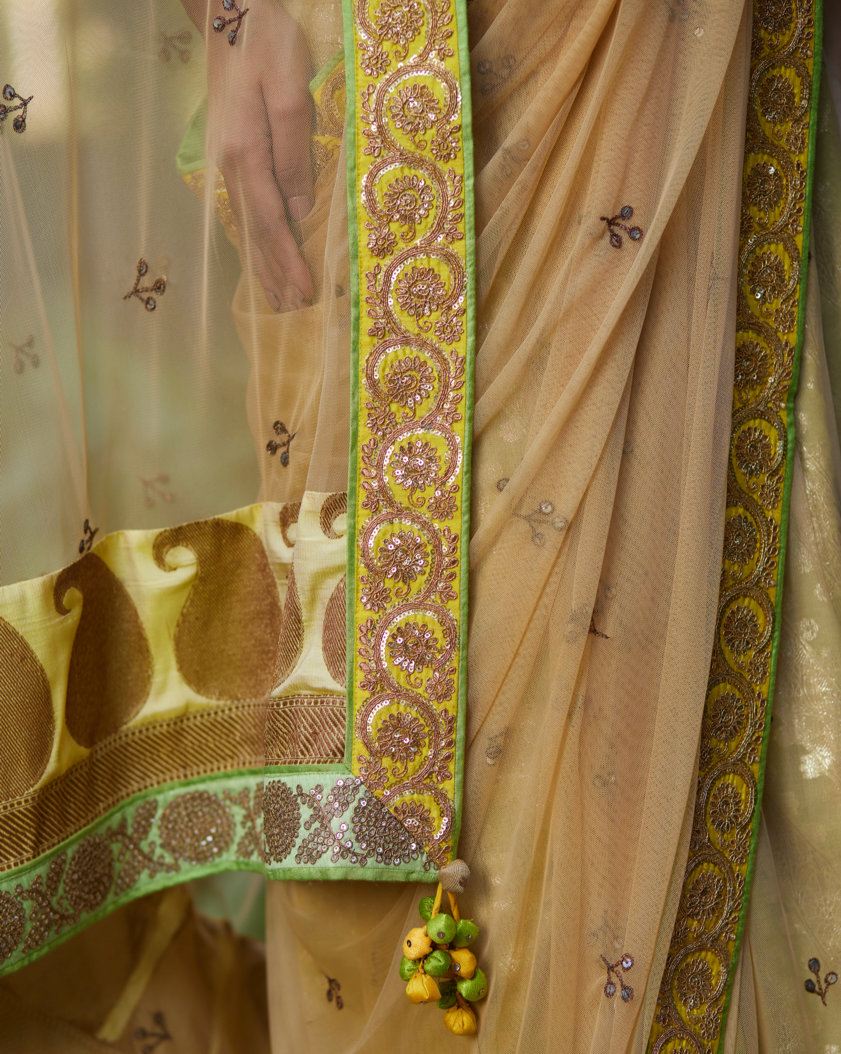 Saree Banarasi - Beige Yellow / Lime