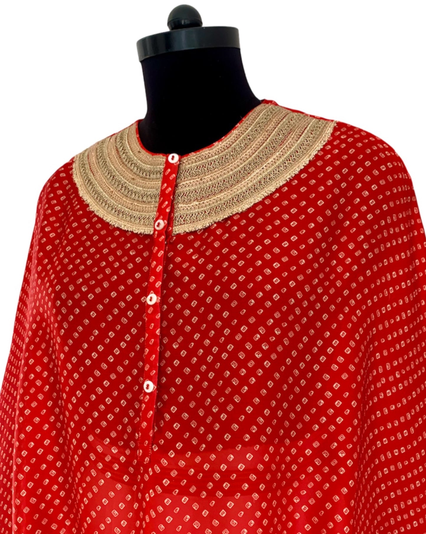 Kurta Set Bandhej - Red /Ivory / Gold