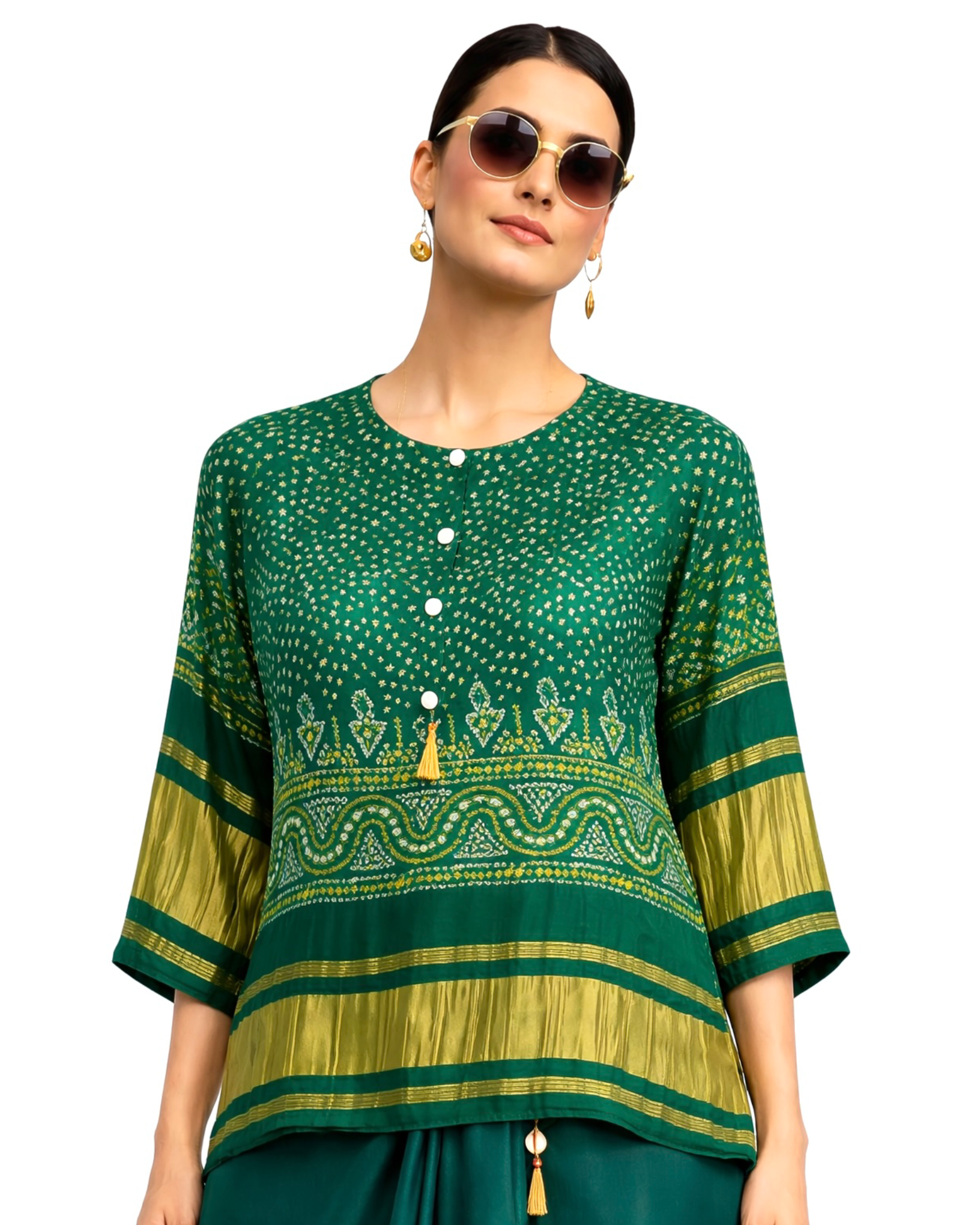 Draped Skirt Kurti Set Bandhej -  Green / Gold