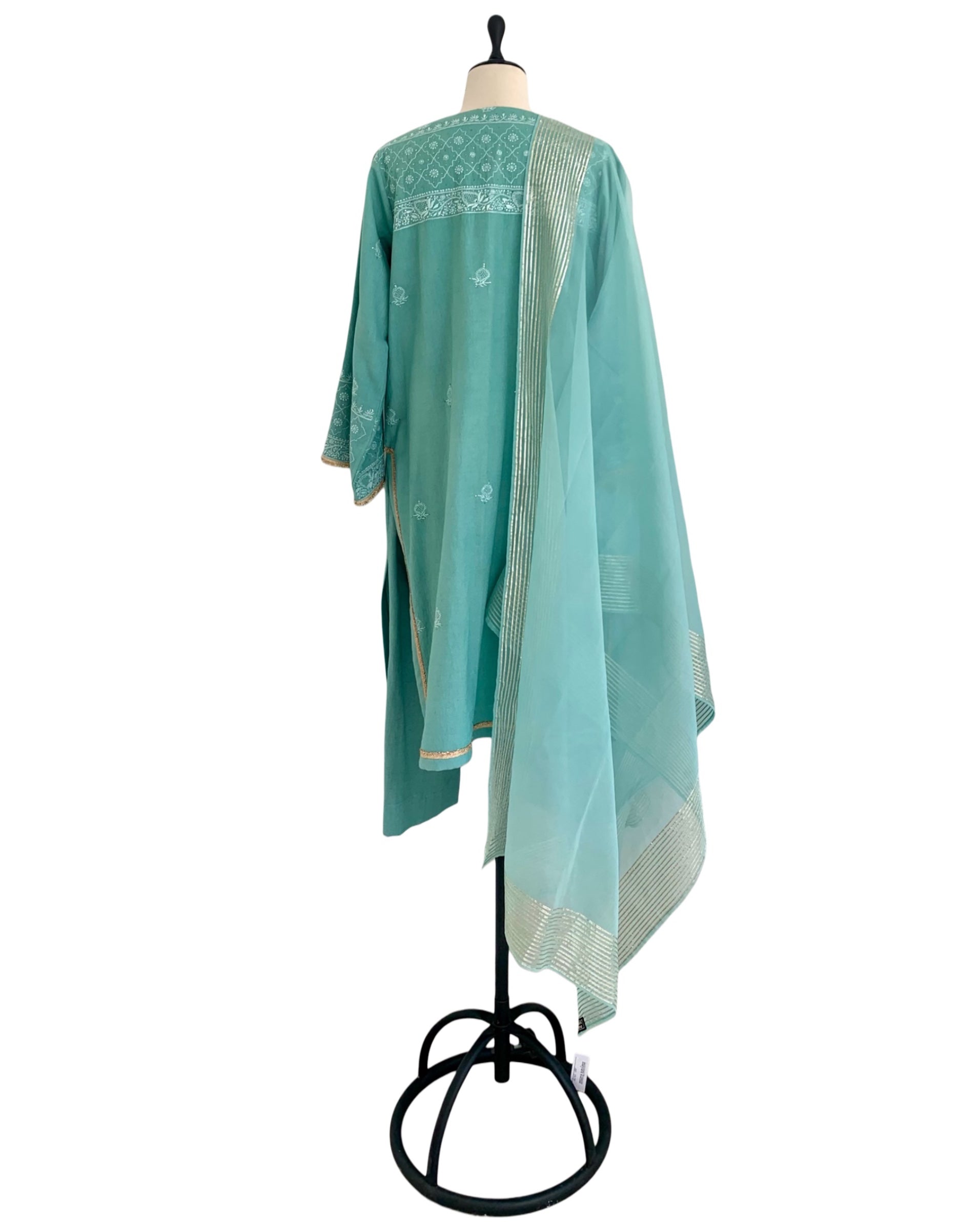 Kurta Set Chikankari - Aquamarine Green/ Gold / Silver