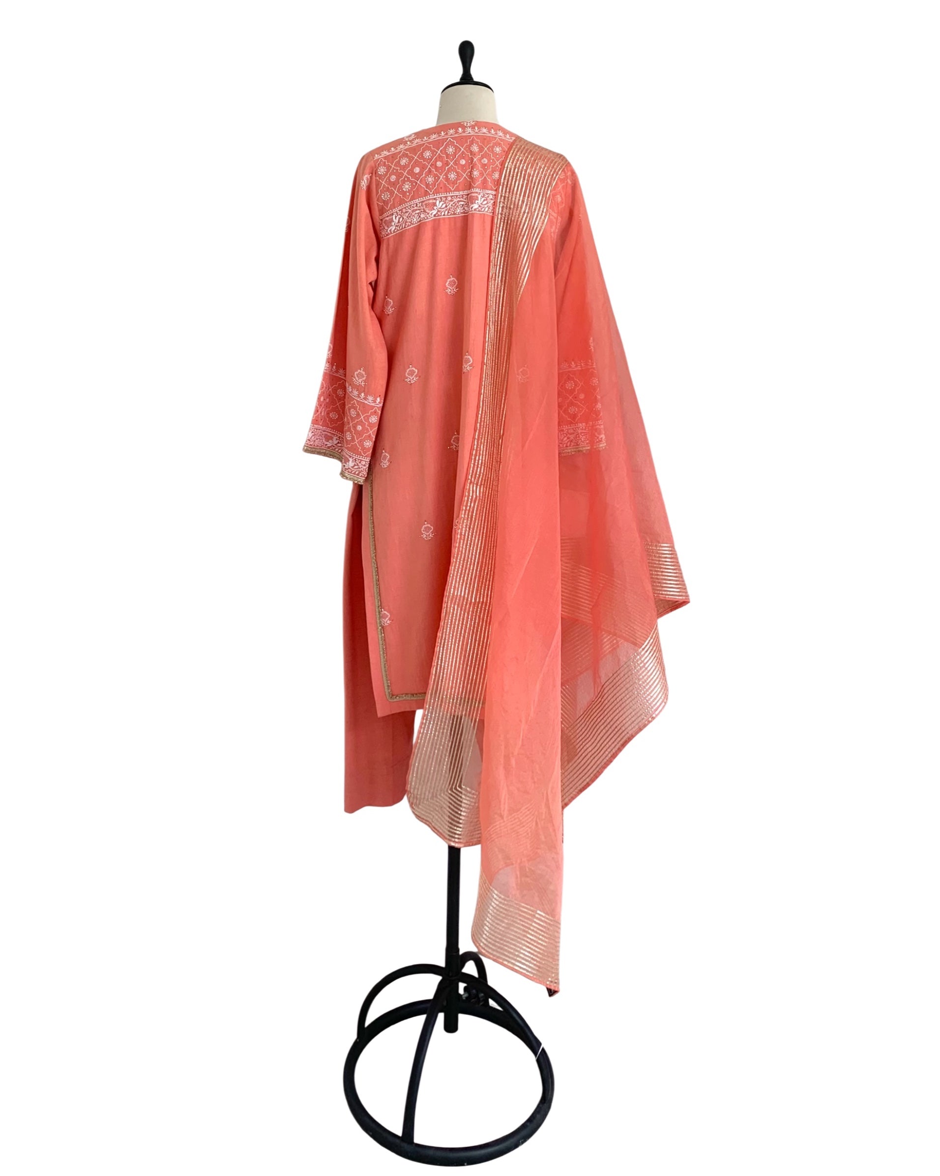 Kurta Set Chikankari - Coral Orange/ Gold / Silver