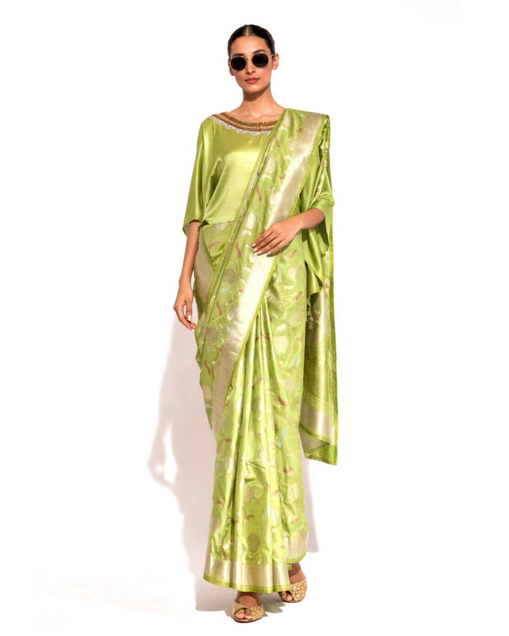 Saree Banarasi - Lime Green / Gold / Silver