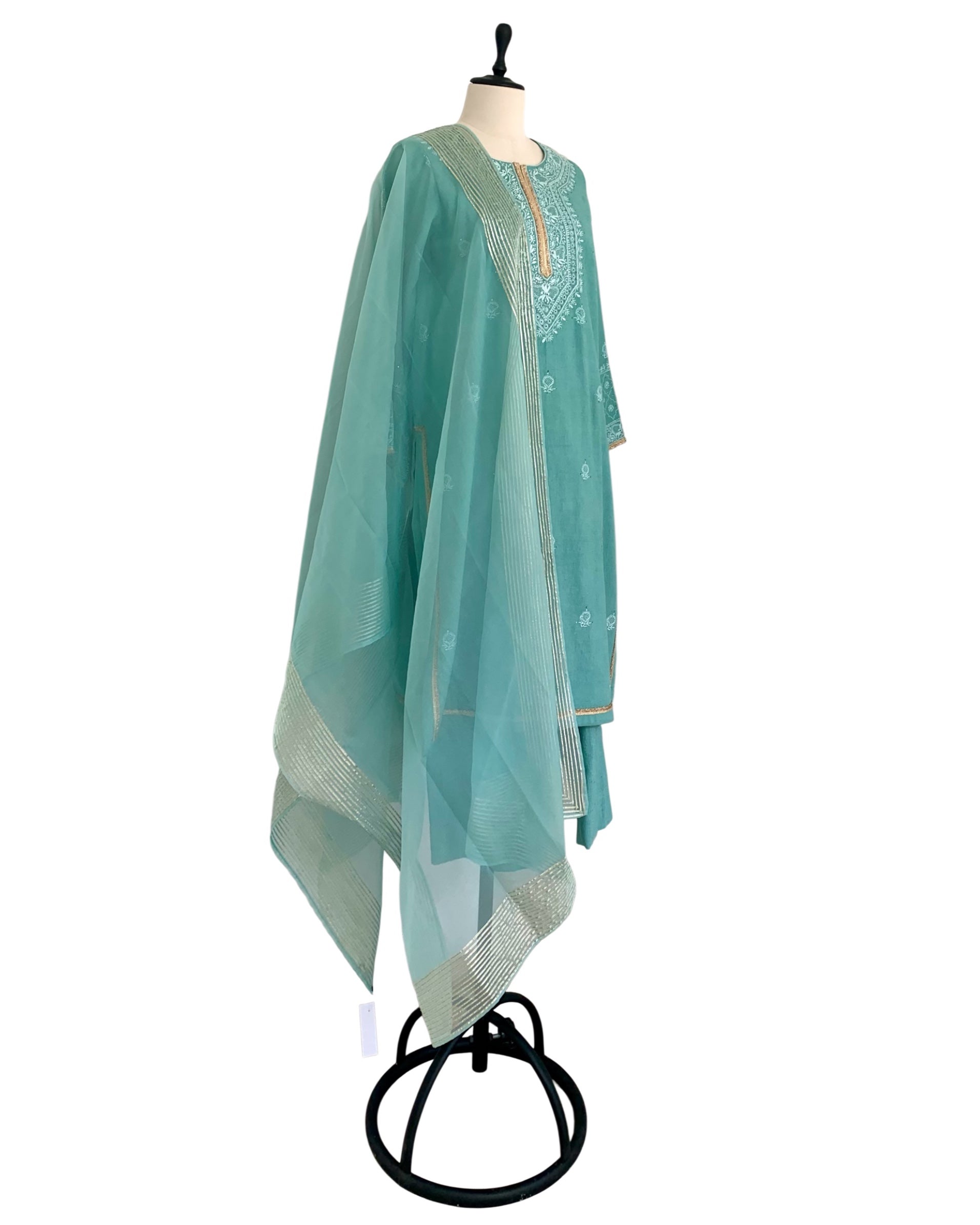 Kurta Set Chikankari - Aquamarine Green/ Gold / Silver