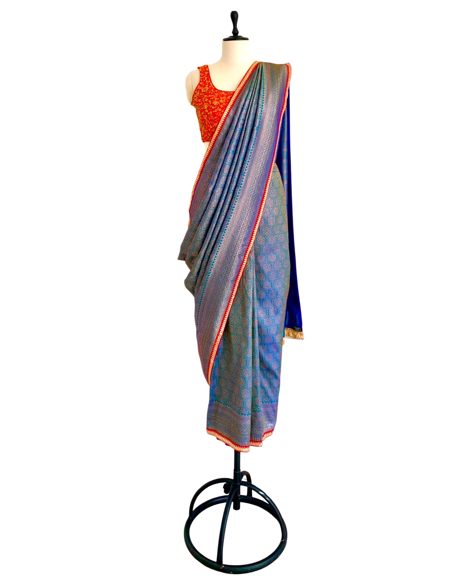 Saree Banarasi - Turquoise Blue /Red/ Gold