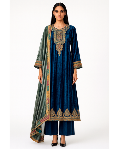 Kurta Set Velvet - Aquamarine Blue Green / Moss Olive /Gold