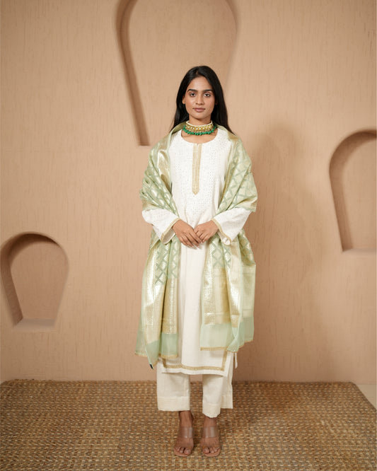 Kurta Set Chikankari - Ivory / Mint / Gold / Silver