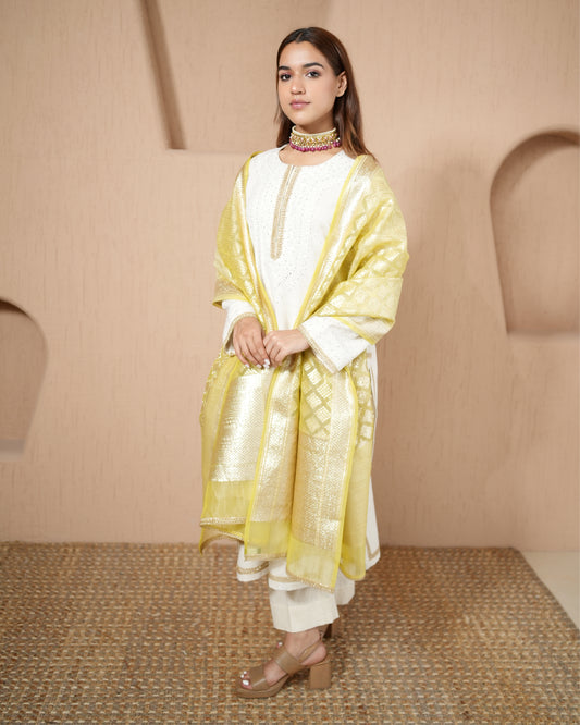 Kurta Set Chikankari - Ivory / Lime Green / Gold / Silver