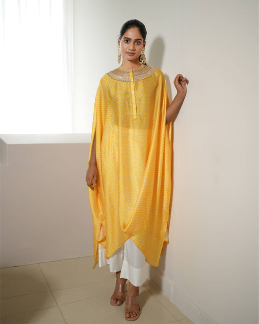 Kurta Set Bandhej - Yellow / Ivory / Gold