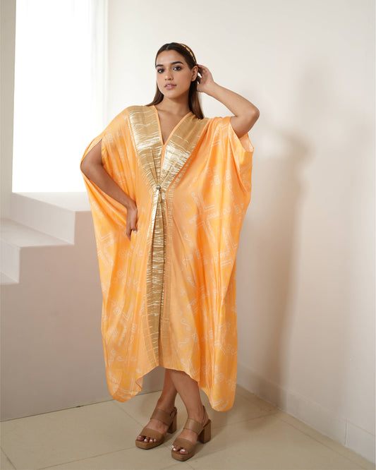 Kaftan  Bandhej - Peach / Gold / Silver