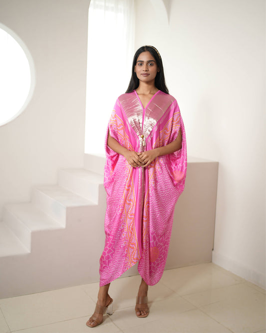 Kaftan Bandhej - Pink / Gold / Silver