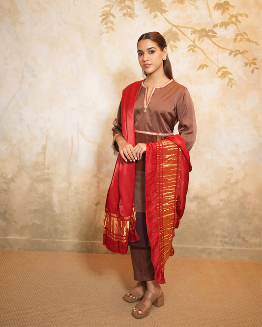 Kurta Set Ombre - Brown / Burgundy Red / Gold