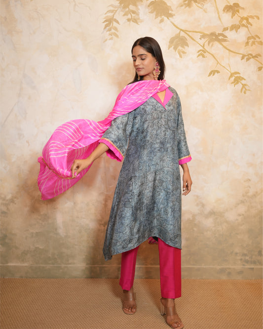 Kurta Set Leheriya - Indigo / Hot Pink