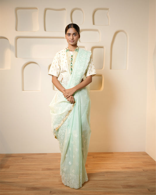 Saree Chikankari - Aqua / Ivory