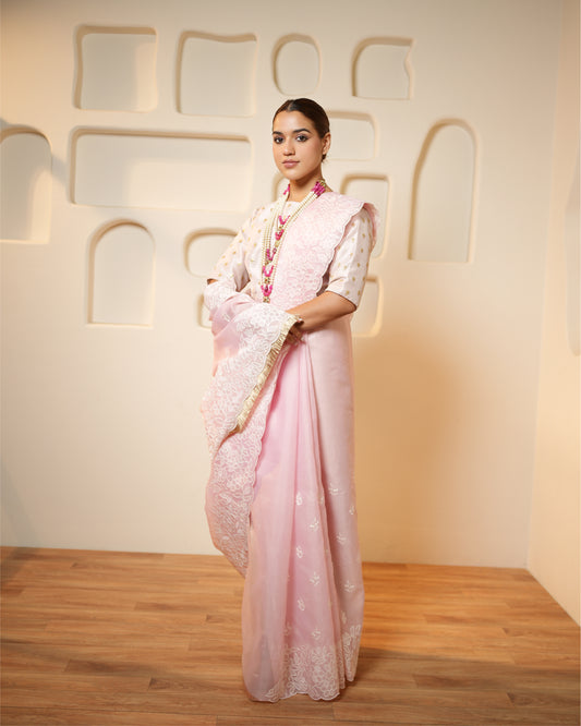 Saree Chikankari - Pink / Ivory