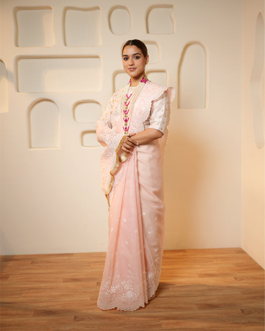 Saree Chikankari - Blush Pink / Ivory