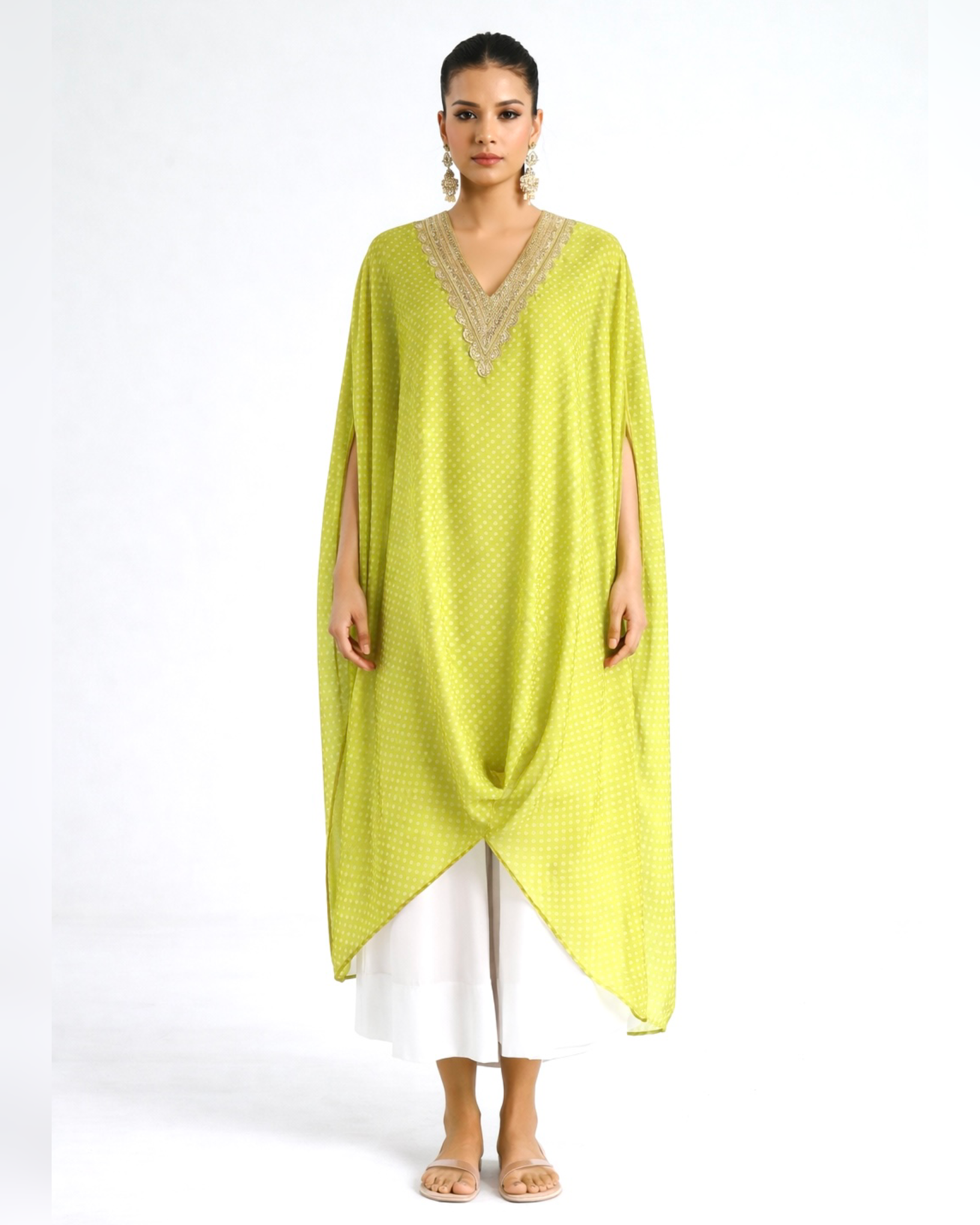 Kurta Set Bandhej - Green Lime / Ivory / Gold