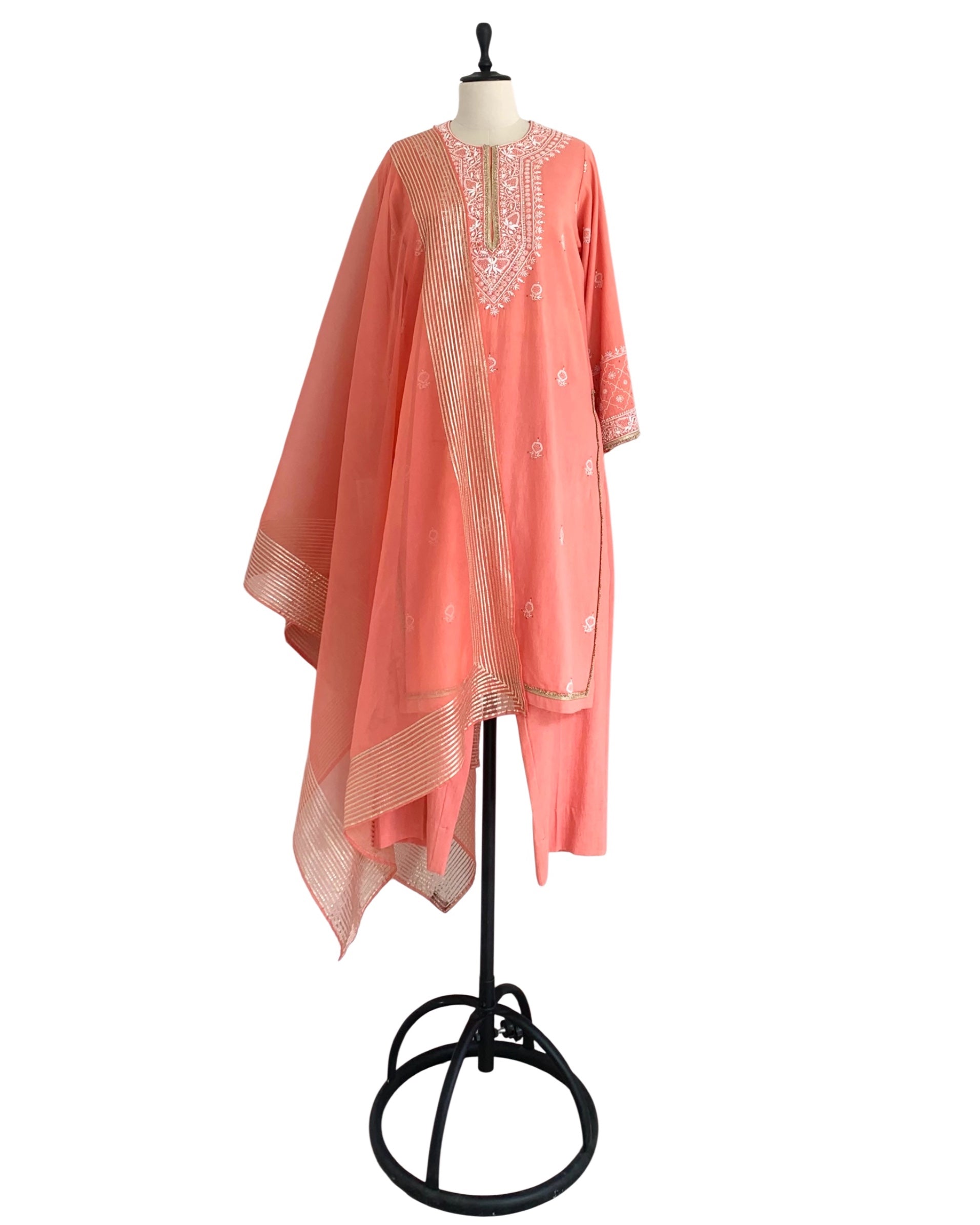 Kurta Set Chikankari - Coral Orange/ Gold / Silver