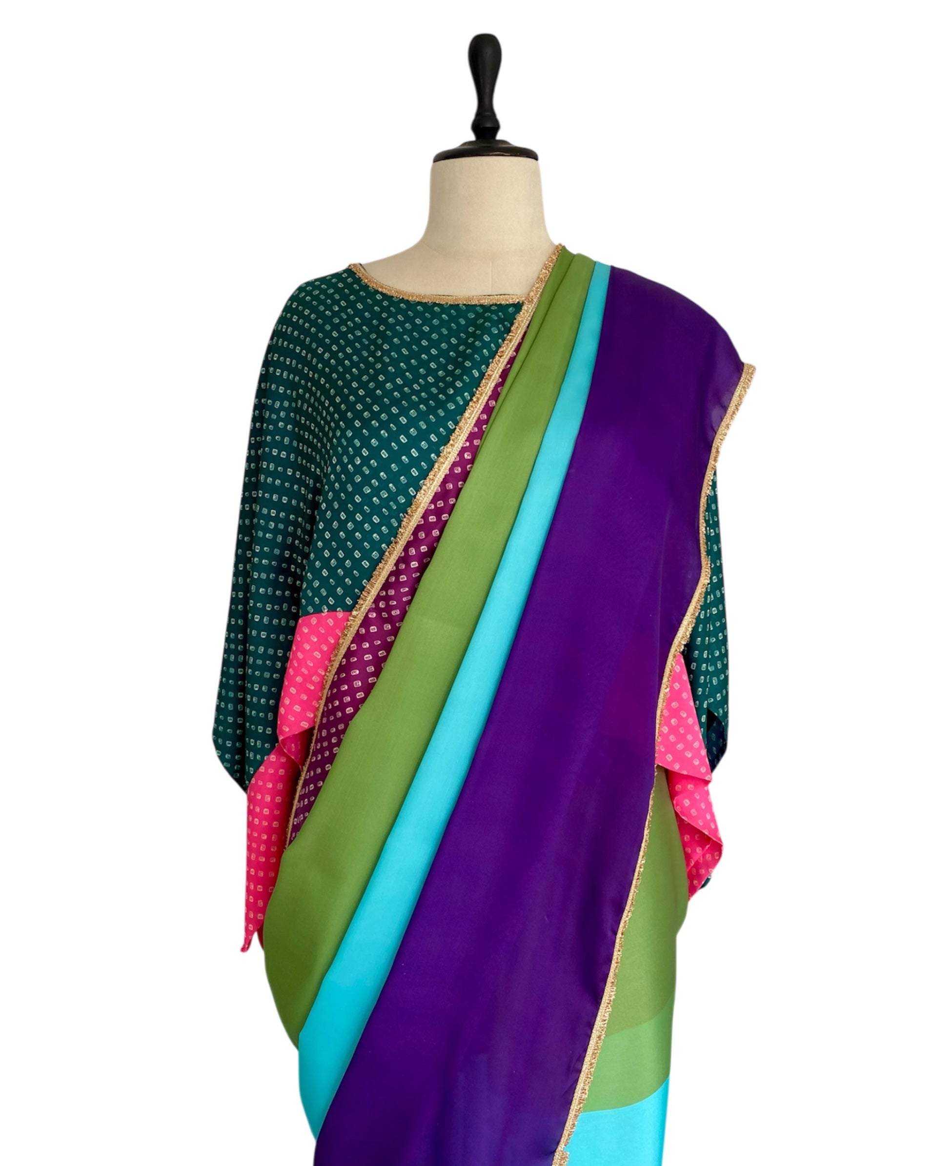 Saree Bandhej Mixology - Green / Pink / Purple