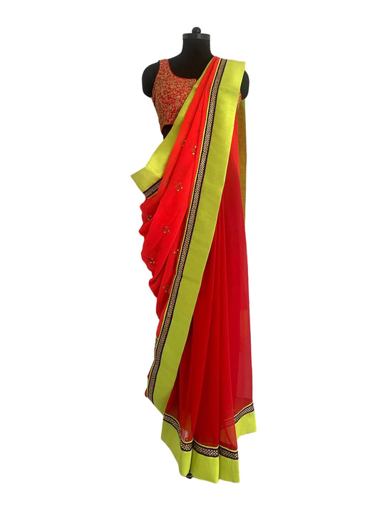 Saree Embroidery - Red / Lime Green / Purple