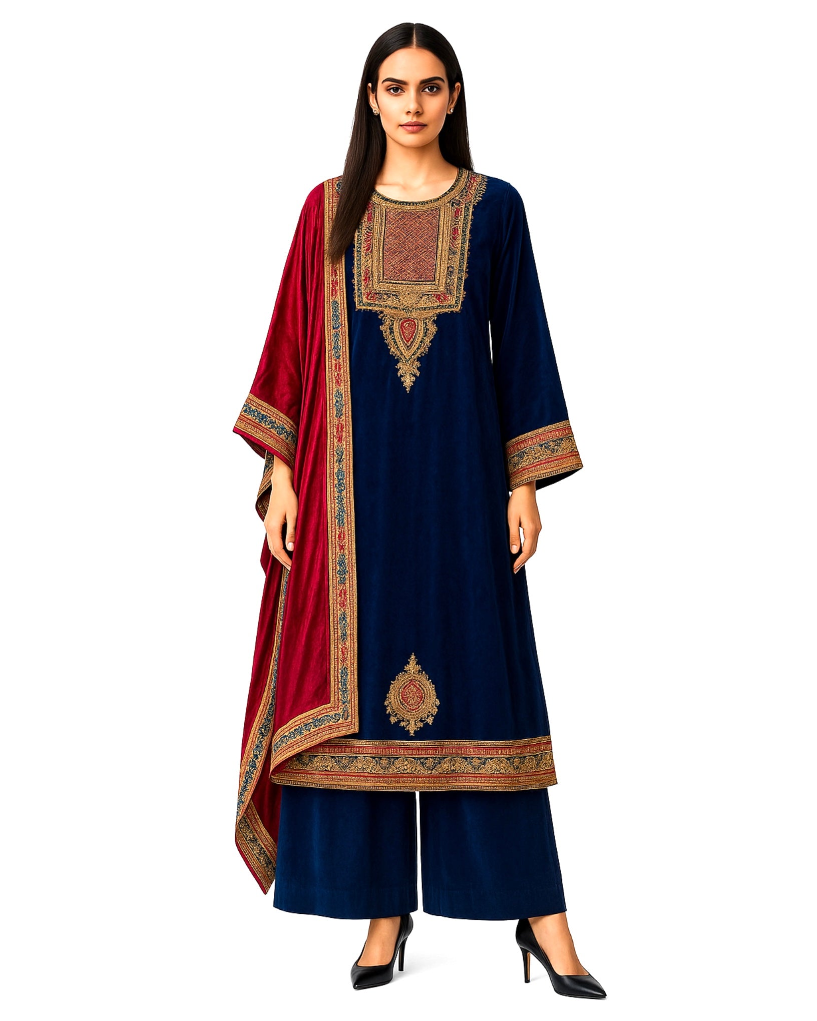 Kurta Set Velvet - Midnight Blue / Burgundy / Gold