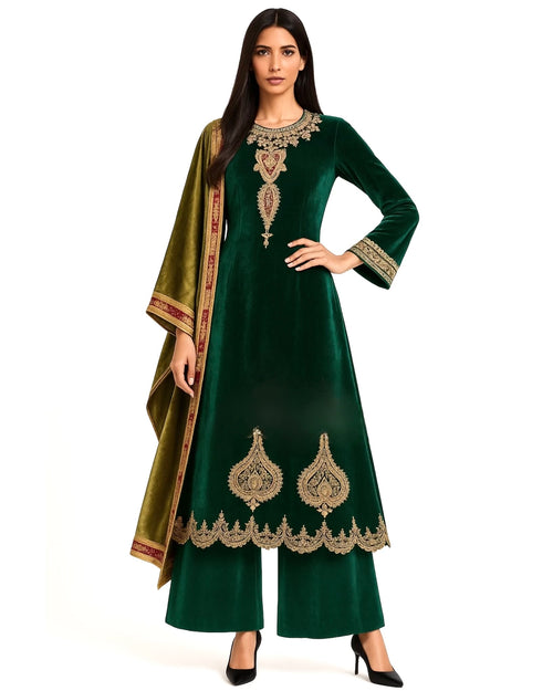 Kurta Set Velvet - Dark Green Emerald / Olive /Gold