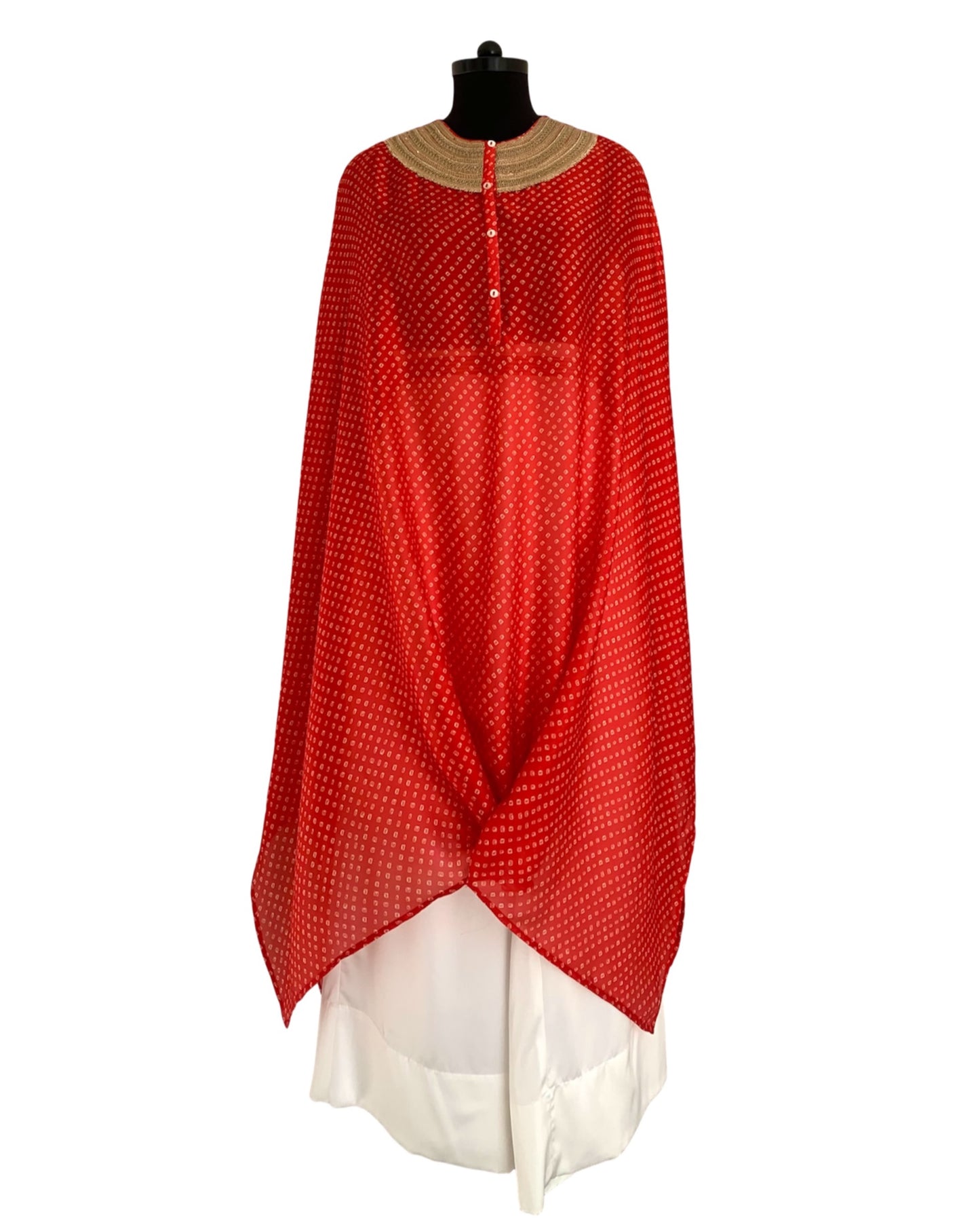 Kurta Set Bandhej - Red /Ivory / Gold