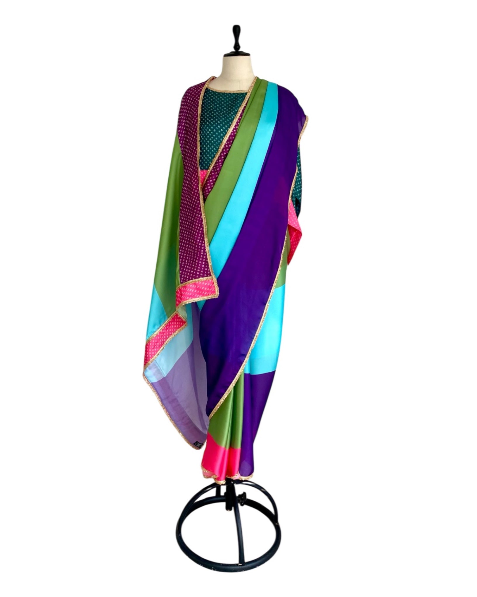 Saree Bandhej Mixology - Green / Pink / Purple