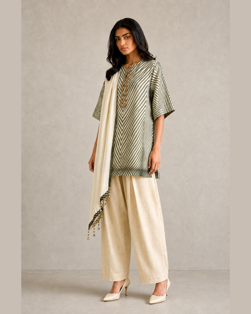 Kurta Set Arashi Shibori - Ivory/ Black - Mayura Kumar - front view